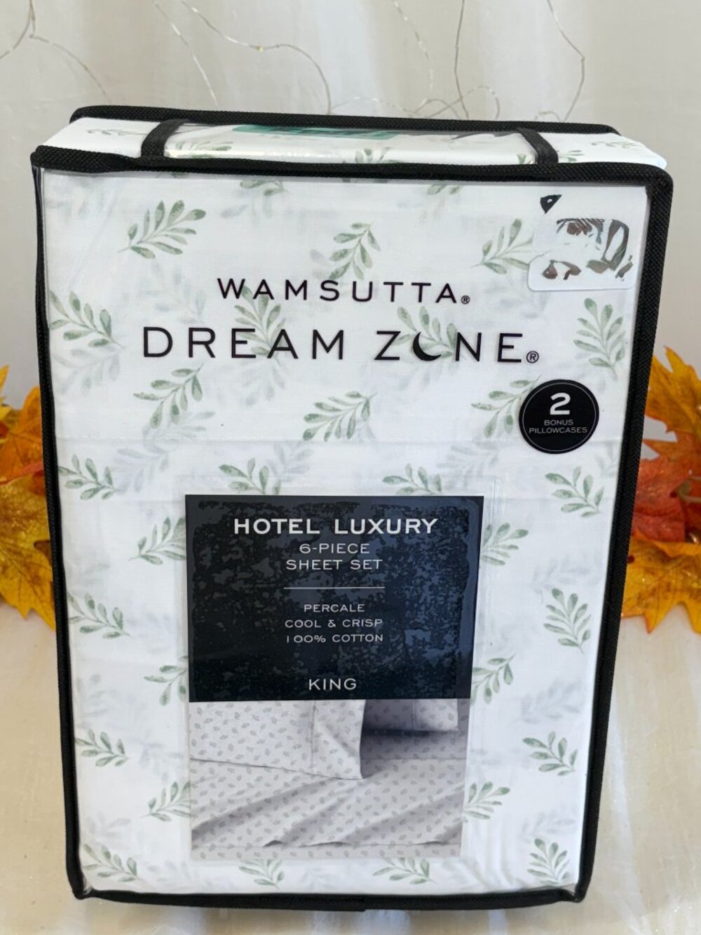 Wamsutta Dream Zone Hotel Luxury KING Sheet Set White Leaf Cotton Percale 6PC